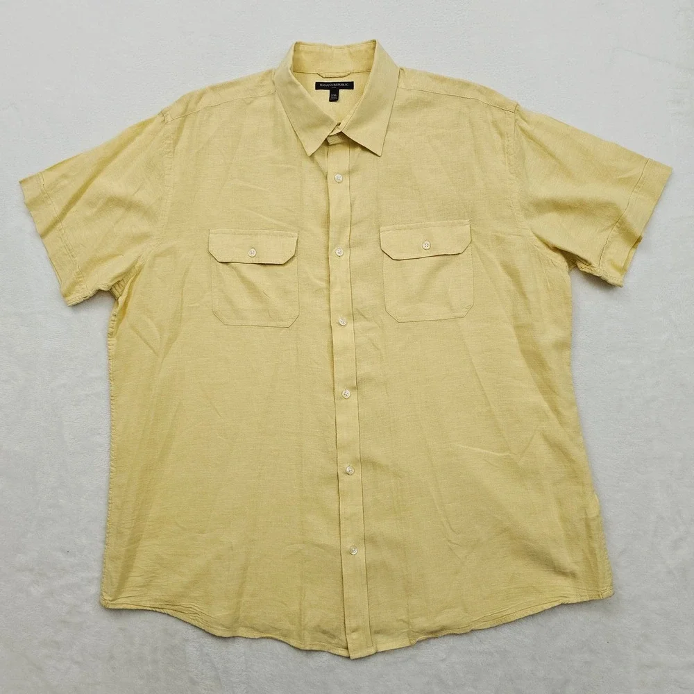 Banana Republic Shirt Mens XXL Yellow Linen Cotton Short Sleeve Summer Safari‎